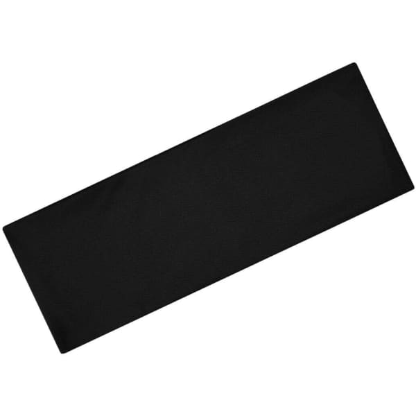 A black running headband, featuring a simple design and a logo. Ideal for sports activities.