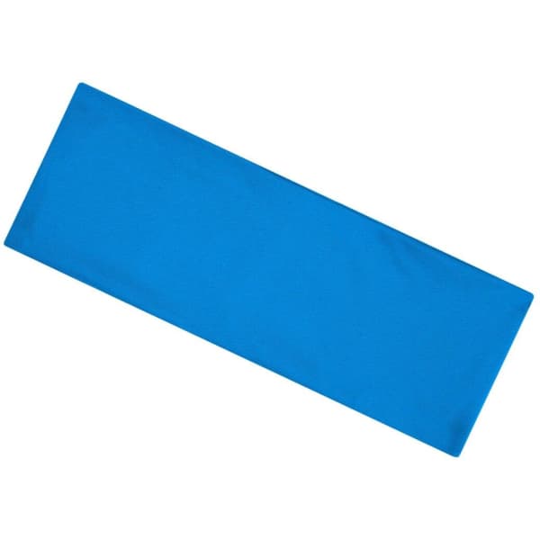 A blue running headband with a smooth texture and an attached logo on one side.