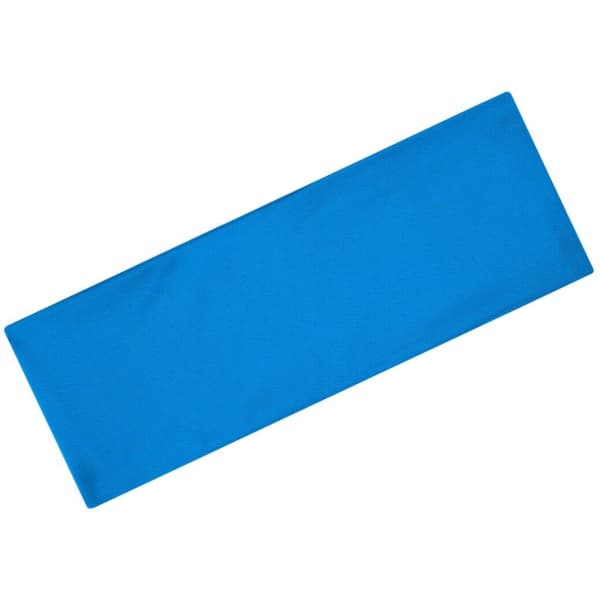 A blue running headband featuring a logo, designed for comfort and style during activities.