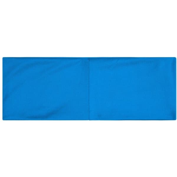 A blue running headband with a smooth, simple design. It features a logo on one side.