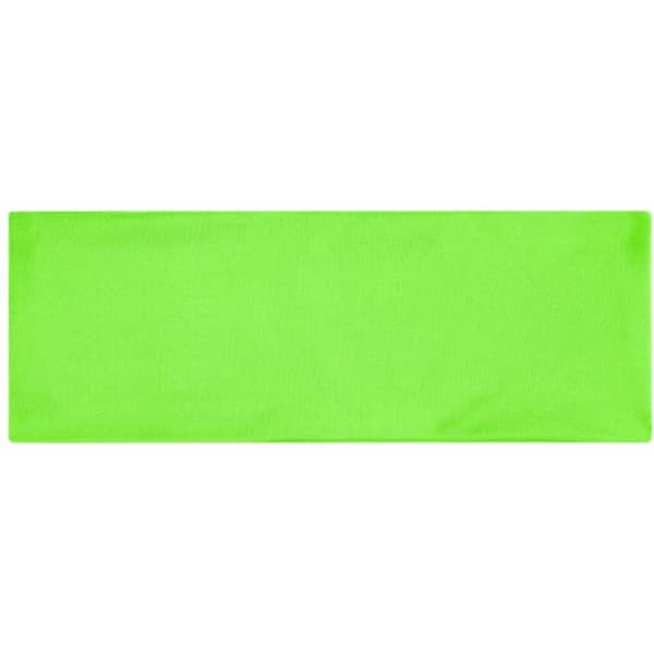 A bright green running headband with a smooth texture, featuring a logo on one side.