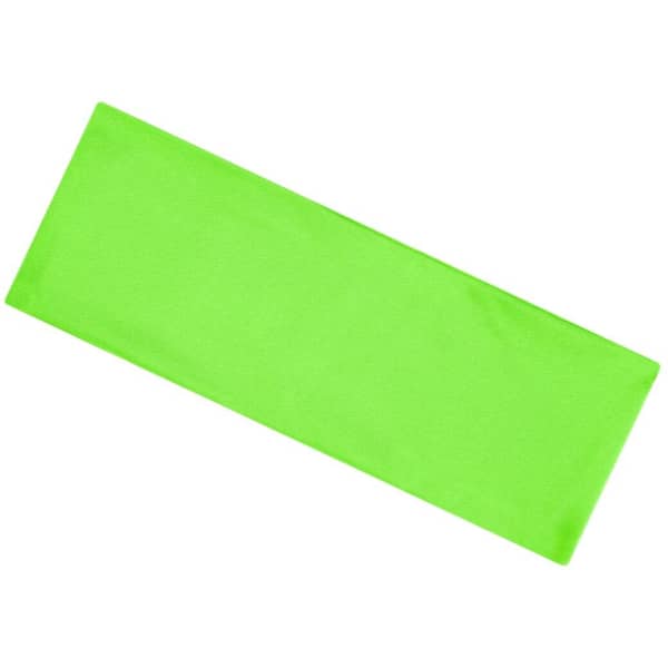 A bright green running headband with a smooth, plain fabric. The item features a logo on one side.