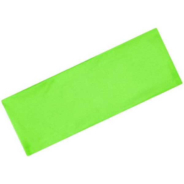 A green running headband with a smooth, flat design, featuring a logo.
