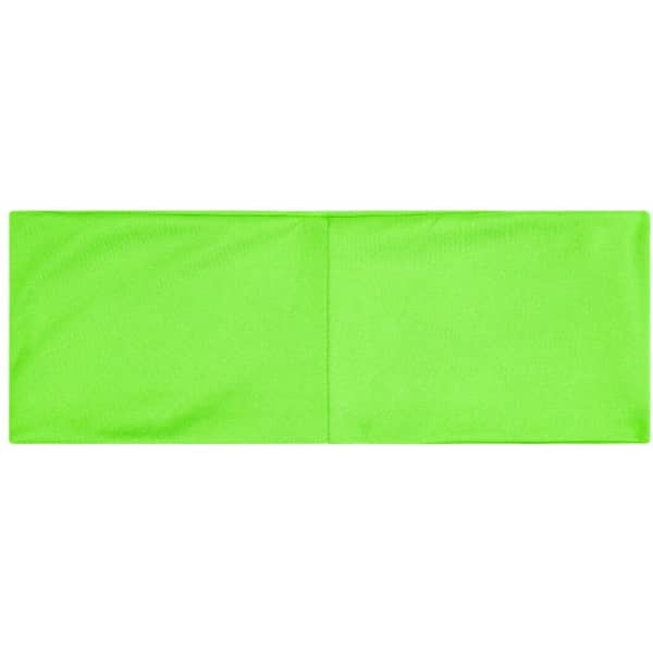 A bright green running headband features a smooth, glossy finish and has a logo on it.