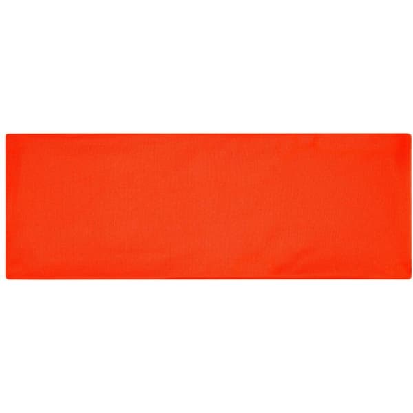 An orange running headband with a smooth, non-textured surface and a logo on one side.