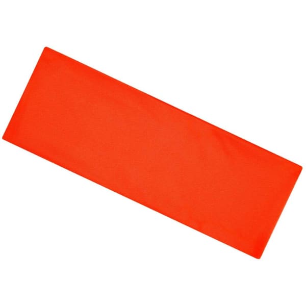 An orange running headband with a smooth, flat surface and a simple design. It has a logo on one side.