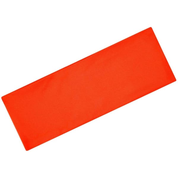 An orange running headband with a smooth and flat design, featuring a logo.