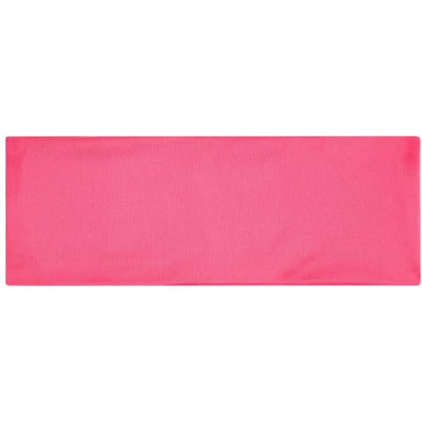A pink running headband featuring a simple, solid design with a logo in one corner.