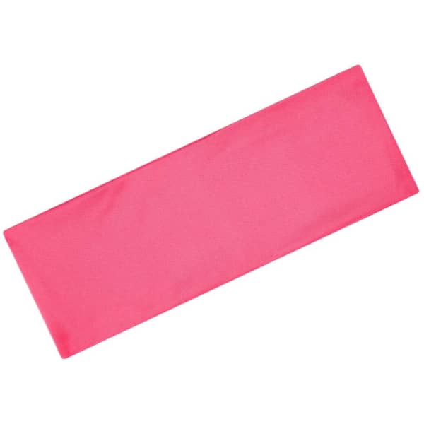 A pink running headband with a smooth surface and a logo.