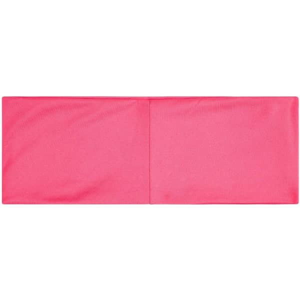 A pink running headband with a smooth fabric texture, featuring a logo on the side.