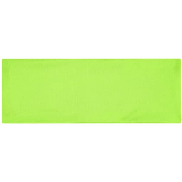 A bright green running headband made from a lightweight, stretchy material, featuring a logo.