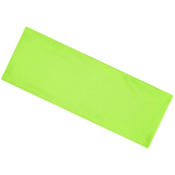 A bright green running headband featuring a logo, designed for active wear.