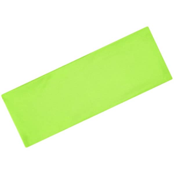 A green running headband featuring a simple design and a logo.