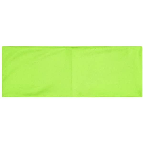 A bright green running headband featuring a smooth, flexible fabric with a centre seam. It has a logo on one side.