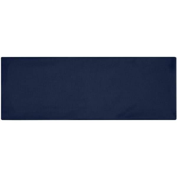 A navy running headband with a simple design and a logo on one side.