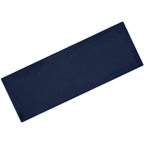 A navy running headband with a logo. The fabric is smooth and rectangular in shape.