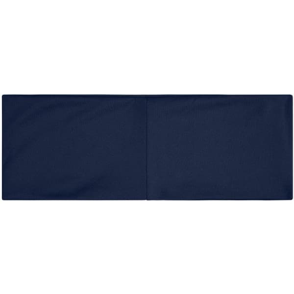 A navy running headband features a simple, sleek design and includes a logo.
