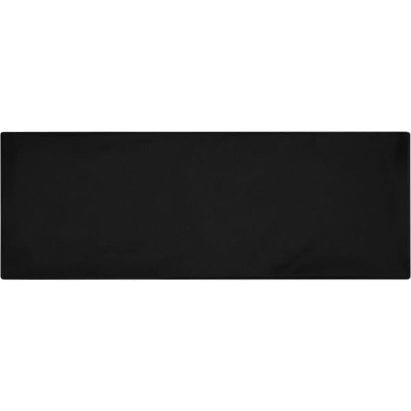 A black running headband with a smooth texture and a simple design, featuring a logo.