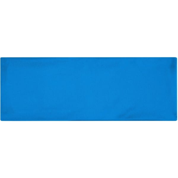 A blue running headband with a smooth, flat design and a logo.