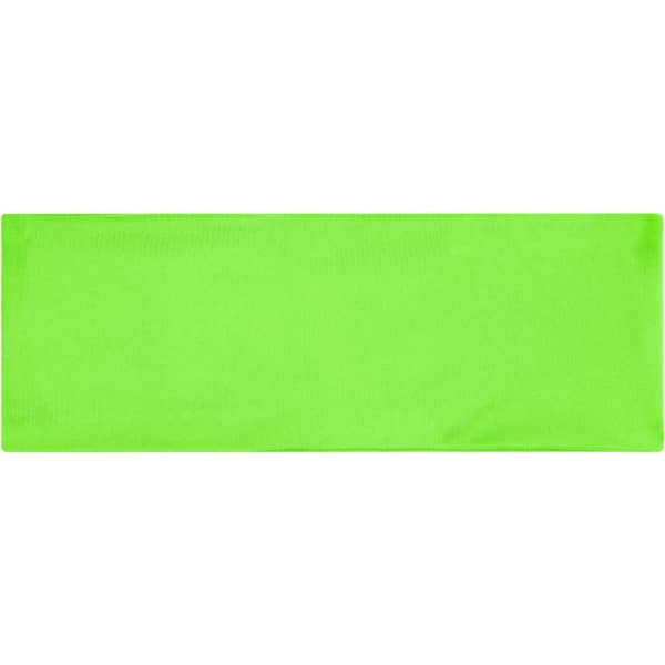 A bright green running headband with a smooth texture and a small logo on one side.