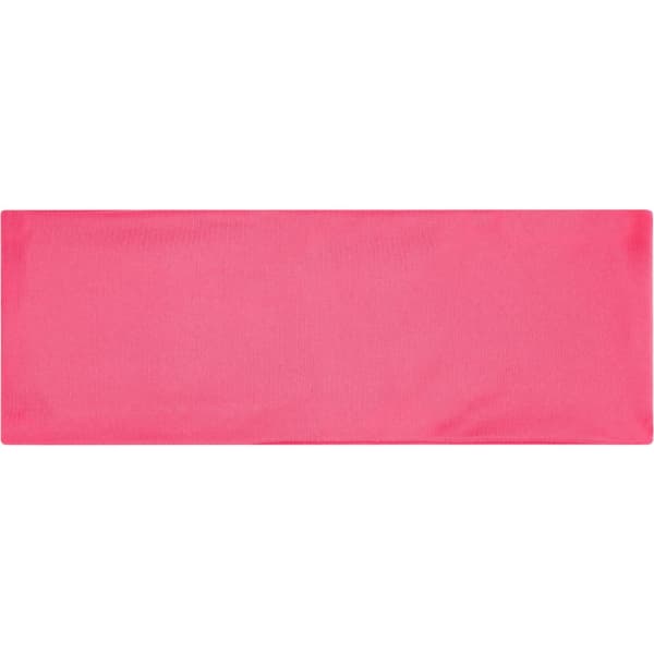 A pink running headband with a smooth finish and a logo.