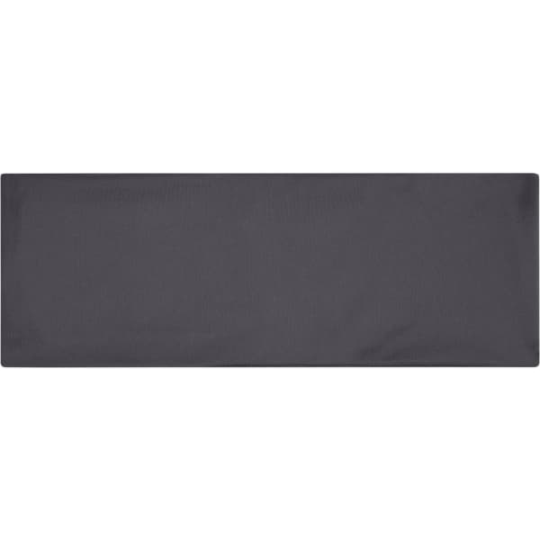 A grey running headband with a smooth fabric texture. It features a small logo on one side.