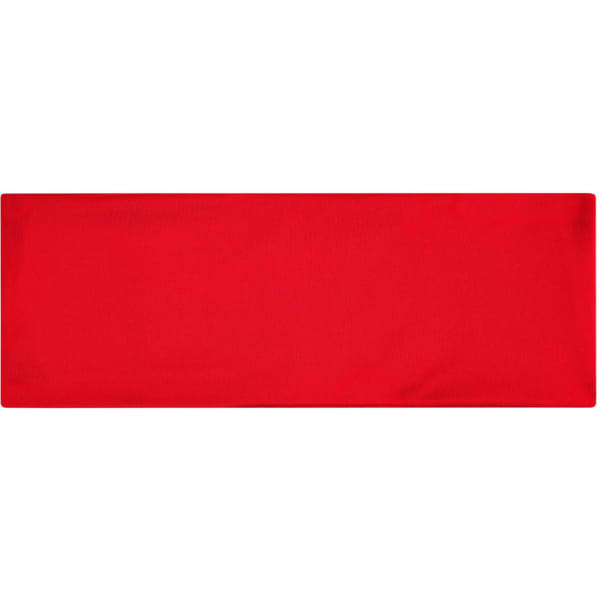 A red running headband with a smooth texture, featuring a logo.