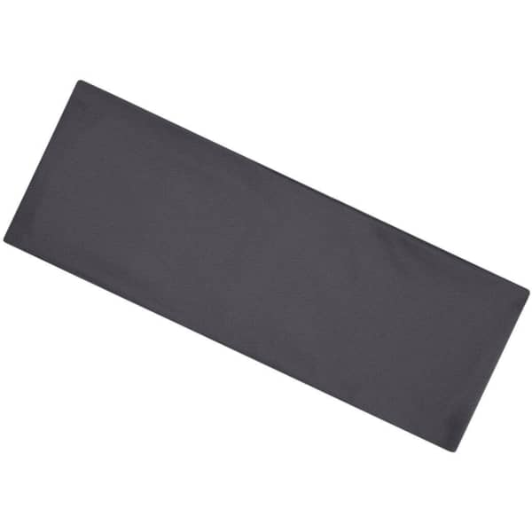 A dark grey running headband featuring a smooth, flat design and a logo.