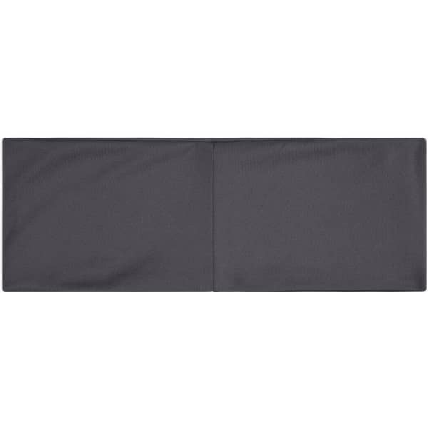 A running headband in a solid black colour, featuring a logo on one side.