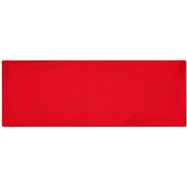 A red running headband with a smooth texture, featuring a logo.