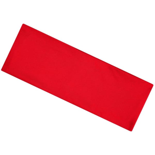 A red running headband with a plain design and a logo in one corner.