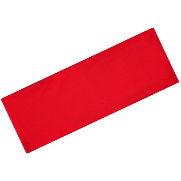 A red running headband with a simple design and a logo on one side.