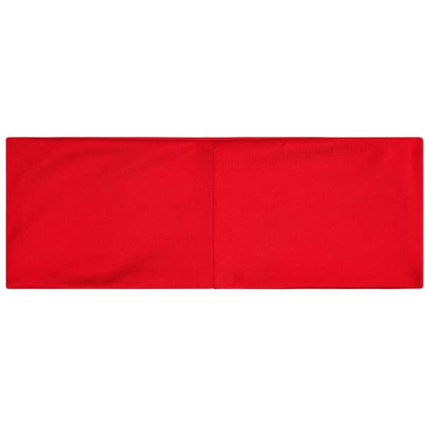 A bright red running headband with a smooth fabric surface, featuring a logo on one side.