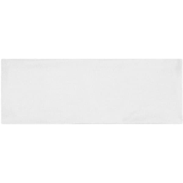 A white running headband featuring a logo, ideal for sports activities.