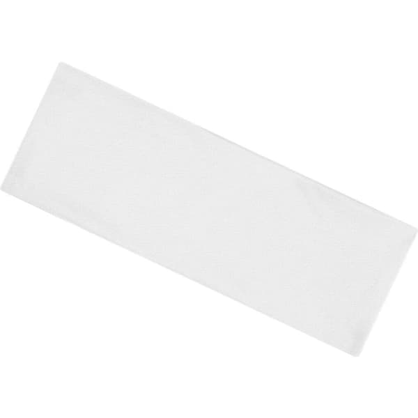 A white running headband featuring a logo, designed for sports and fitness activities.