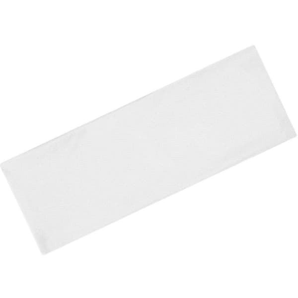 A white running headband displayed flat, featuring a logo or branding on its surface.