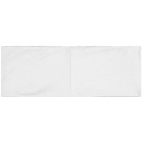 A white running headband with a simple design and a logo in the centre.