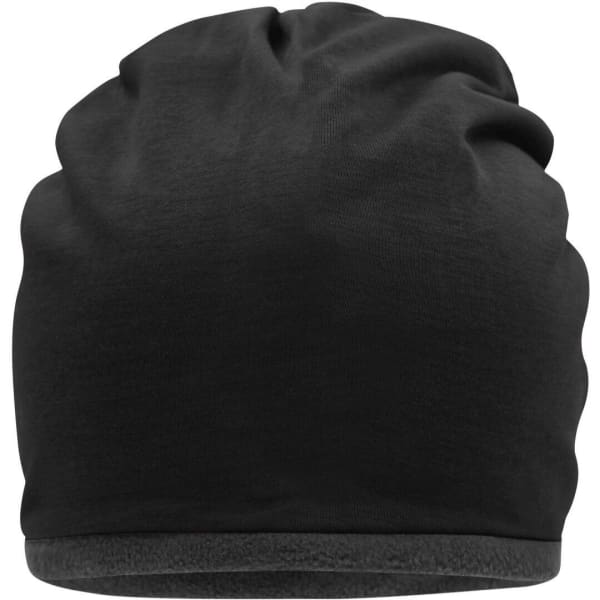 A black fleece beanie featuring a soft inner lining and a simple design, with a logo on the side.