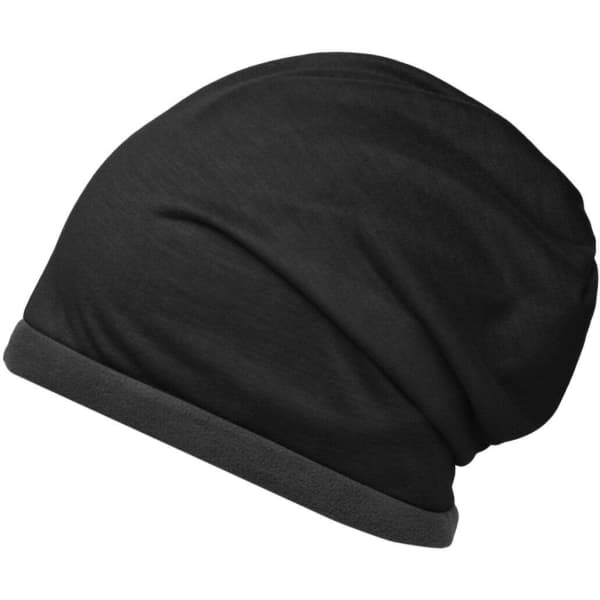 A black fleece beanie with a grey trim, featuring a logo on the side.