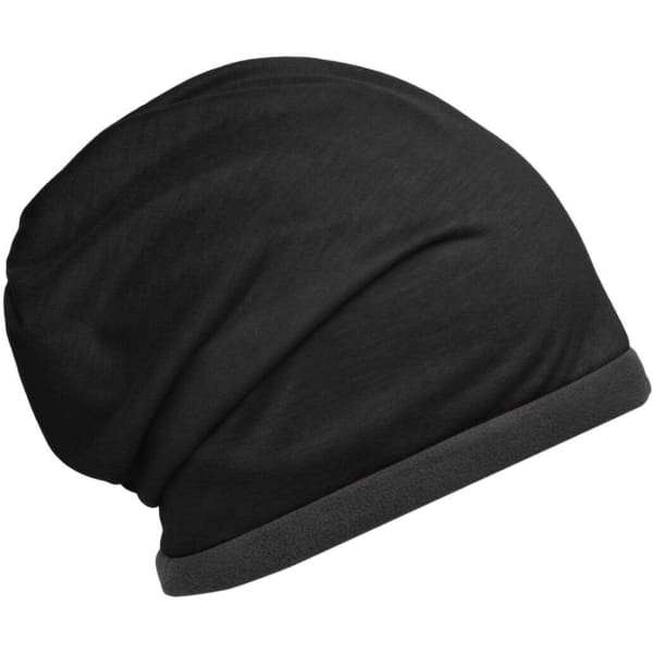 A black fleece beanie with a contrasting grey trim. The beanie has a slouchy fit.