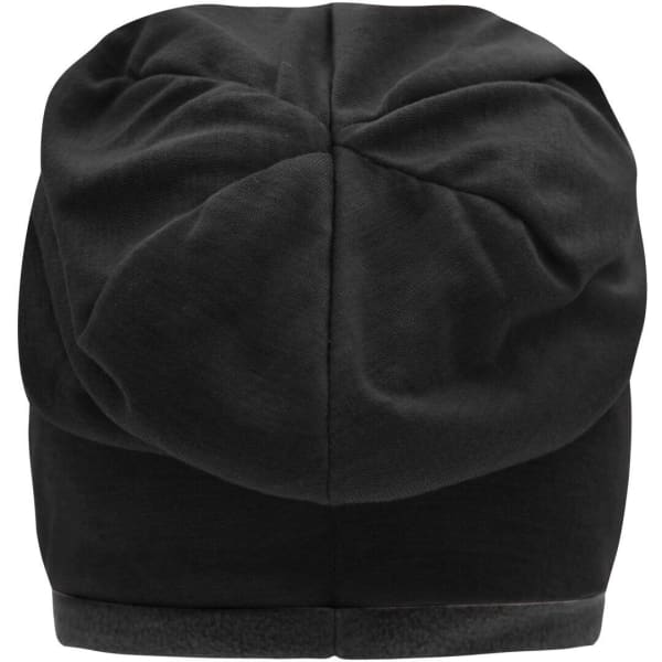 A black fleece beanie featuring a stitched top design and a logo on the side.