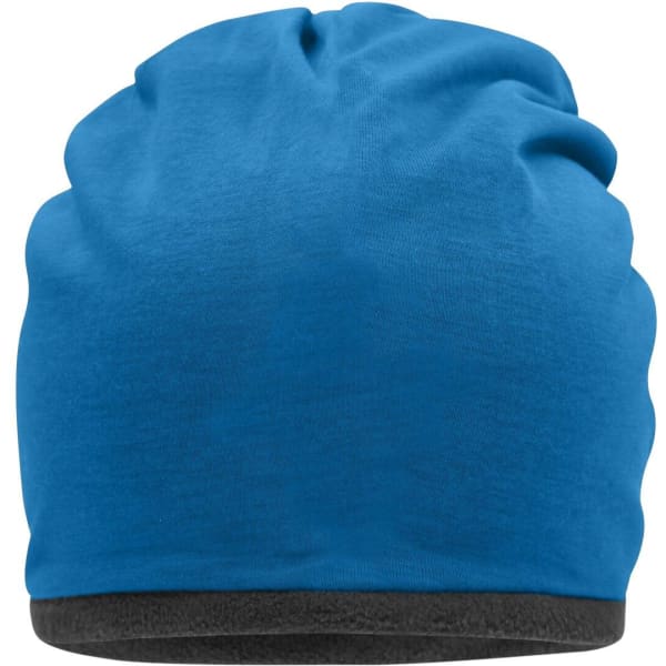 A fleece beanie in a bright blue colour with a dark grey trim at the base. It features a logo.