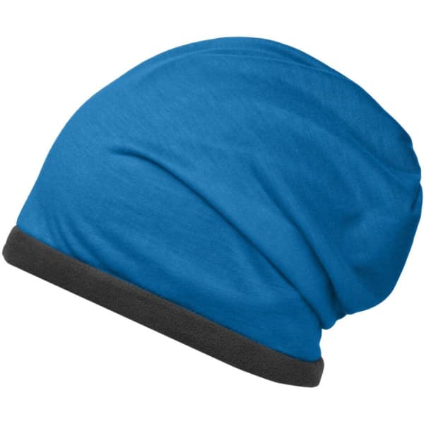 A fleece beanie in bright blue with a contrasting black band at the bottom and a smooth texture.