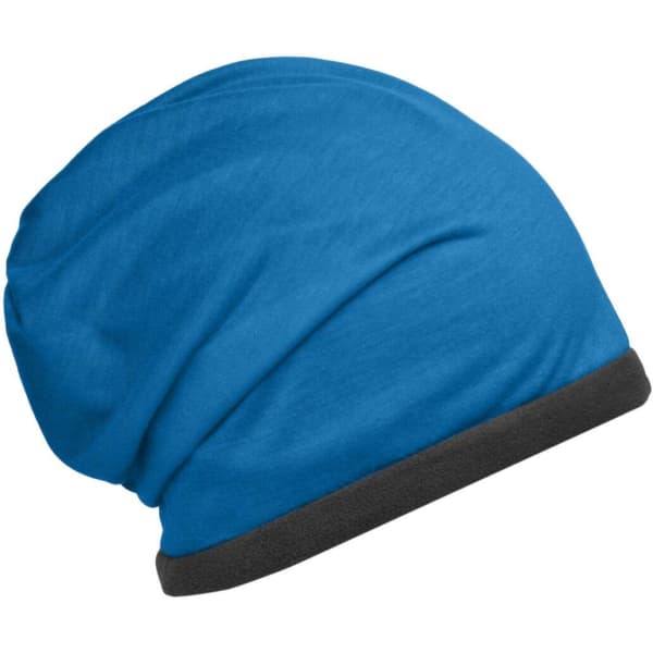 A blue fleece beanie with a black trim. The beanie has a slouchy design.