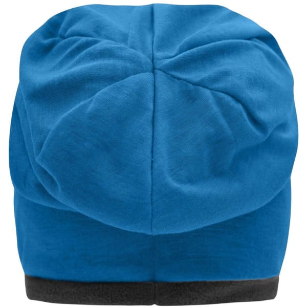 A fleece beanie in vibrant blue with a black rim and a logo on the side.
