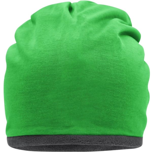 A green fleece beanie with a grey inner lining, featuring a logo on the side.