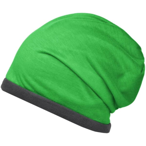 A green fleece beanie with a grey cuff, featuring a smooth texture and a slight slouchy design.