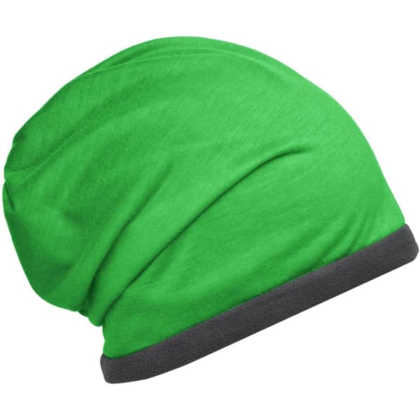 A green fleece beanie with a grey band at the bottom and a branded logo.