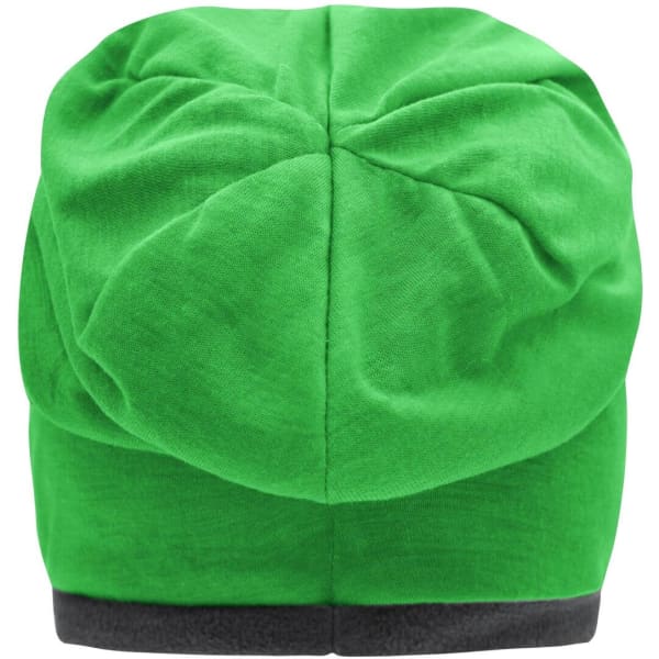 A green fleece beanie with a dark grey band at the bottom and a smooth, rounded top. It has a logo.