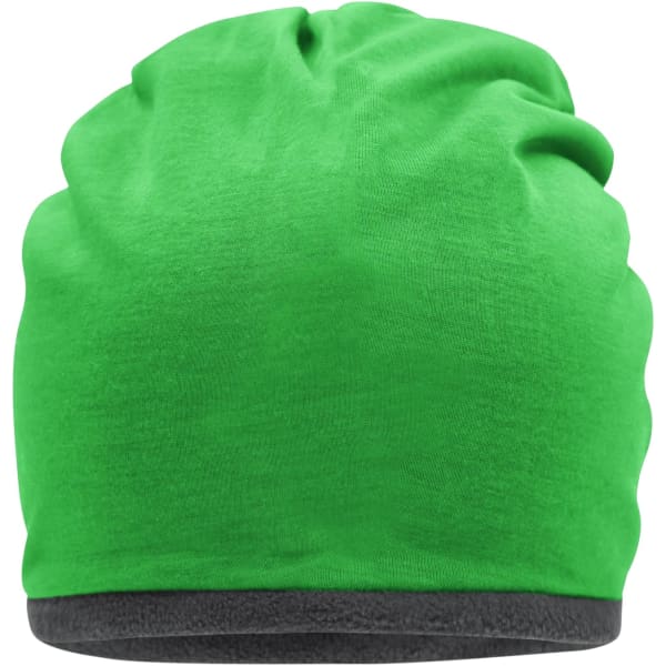 A fleece beanie in bright green with a grey lining, featuring a logo on the side.